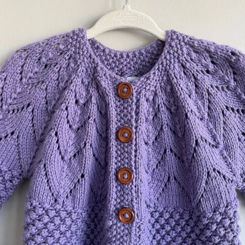 June Bee Baby Bubble Cardigan Sweater Hand Knit In Turkey Wood Buttons Purple